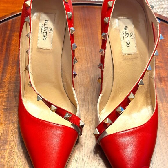 Valentino Red Rock Studded Pumps with Cream Leather Detail - Picture 1 of 4